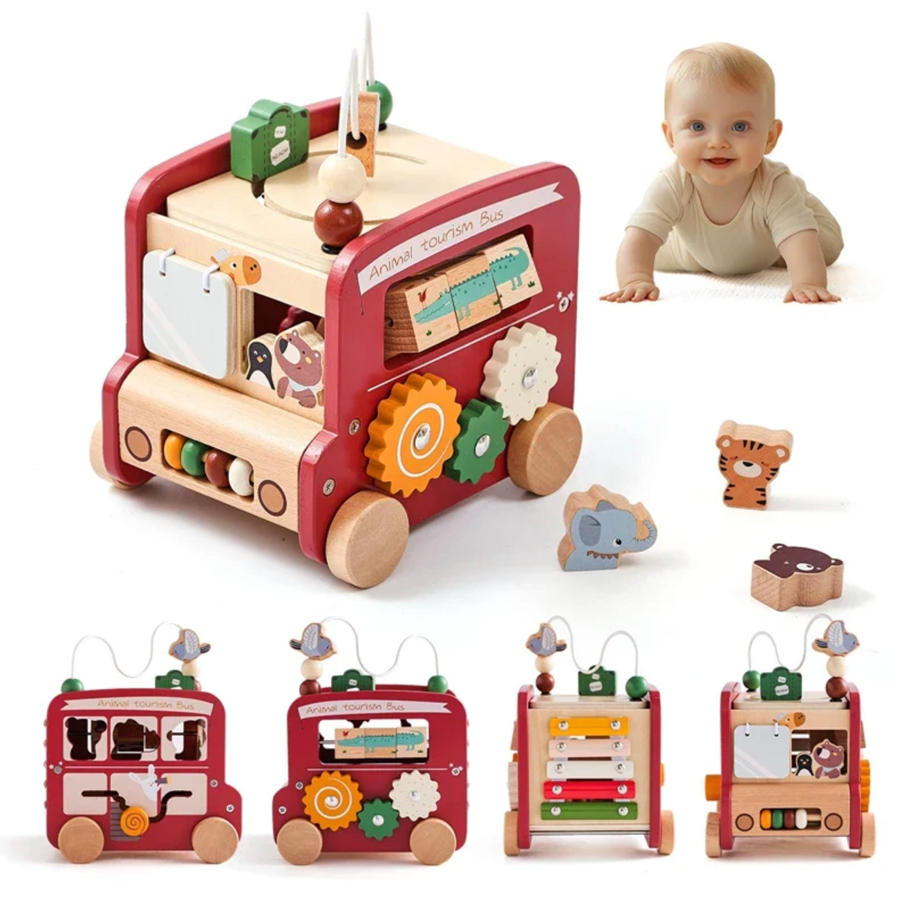 Toddler’s Wooden Activity Bus™ - Bop Buzz Toddler’s Wooden Activity Bus™ Red Bus Bop Buzz