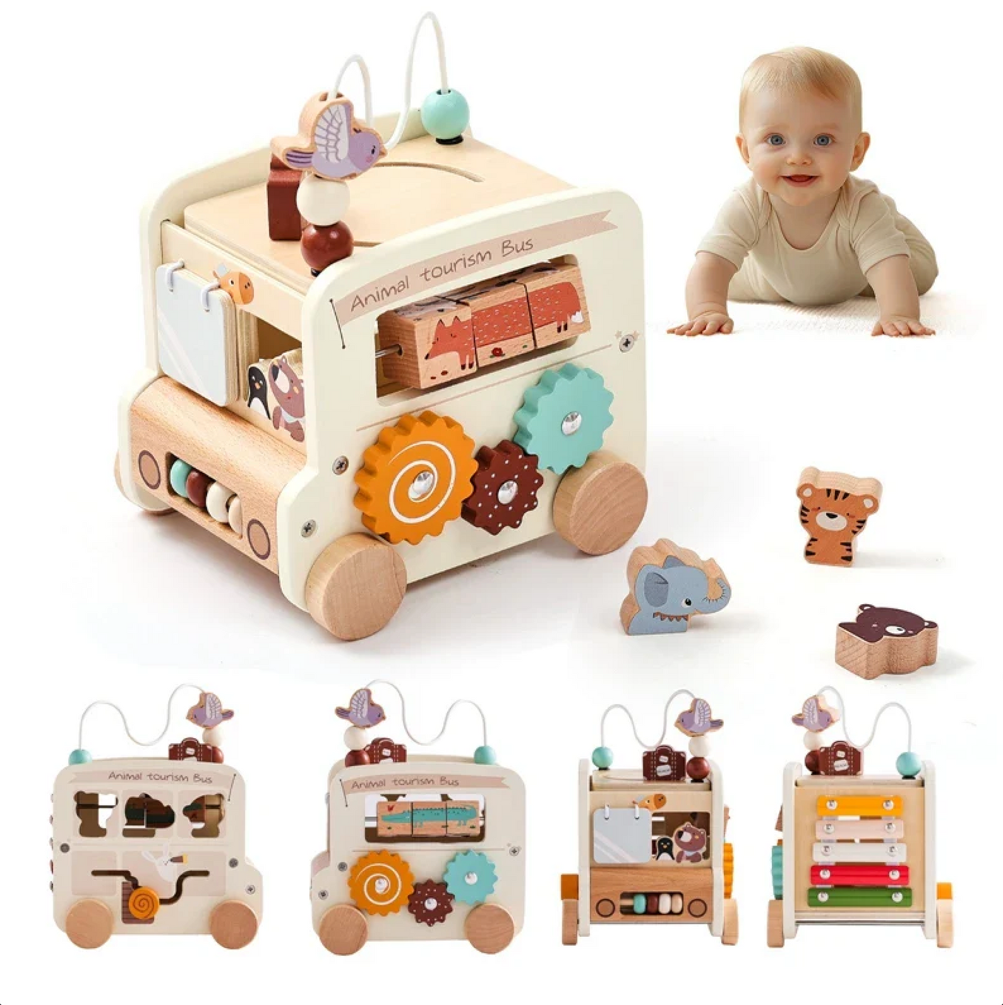 Toddler’s Wooden Activity Bus™ - Bop Buzz Toddler’s Wooden Activity Bus™ White Bus Bop Buzz