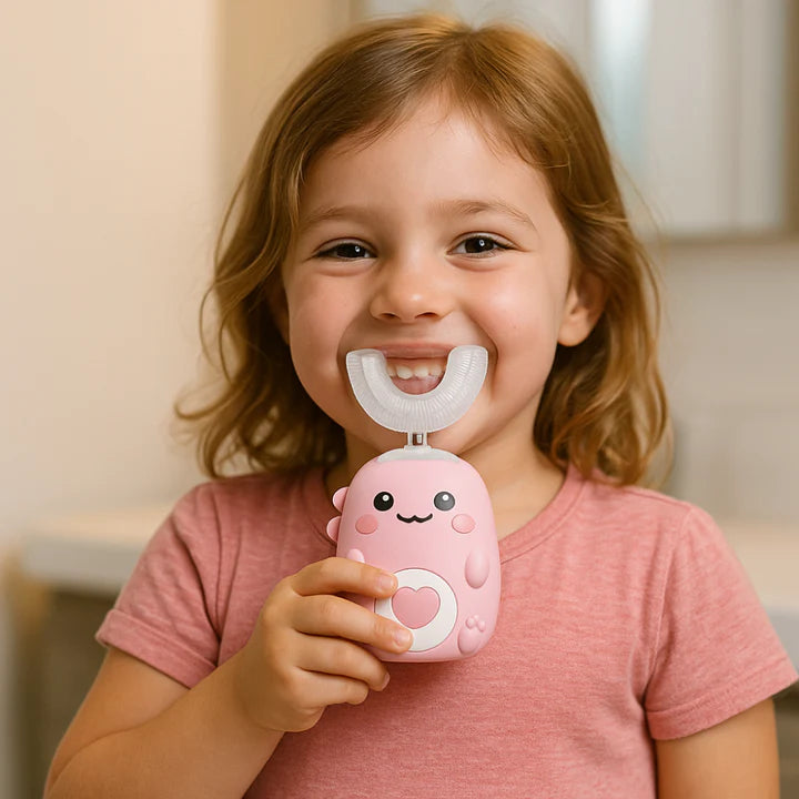 Child Using U-Shaped Silicone Toothbrush with LED Light