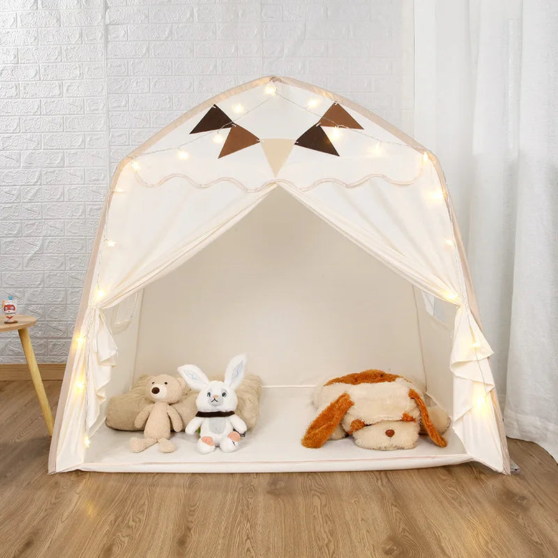Kids adventure teepee play tent in living room with toys