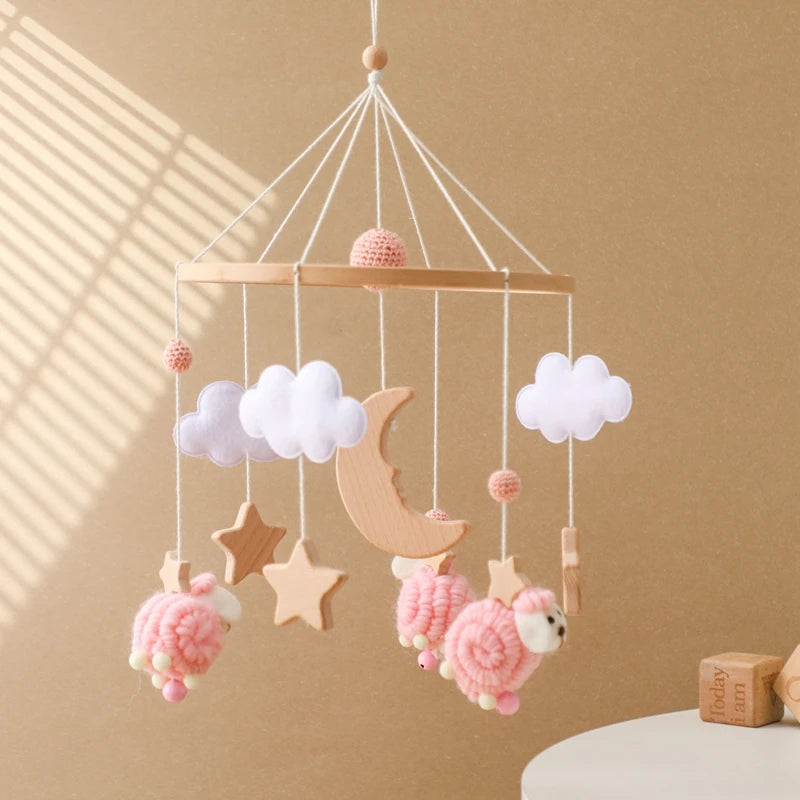 Crochet sheep and moon baby mobile
