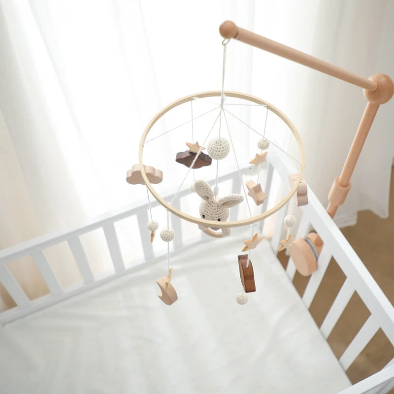 Pastel baby mobile with crochet bunny and wooden frame