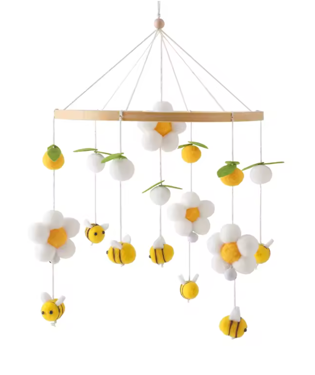 Calming mobile with bees, daisies, and clouds