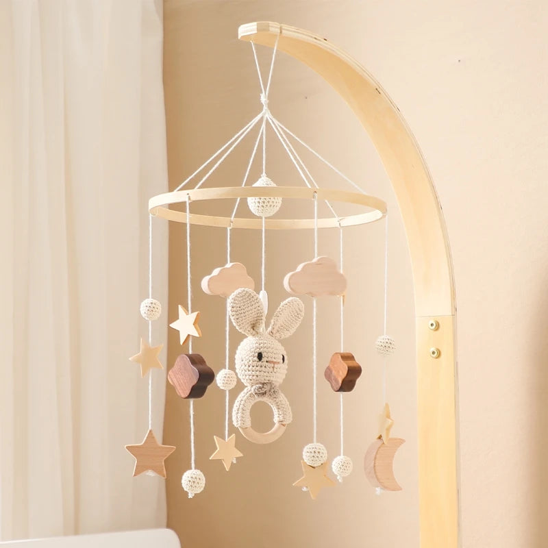 Baby mobile with bunny, clouds, and stars – natural wood frame