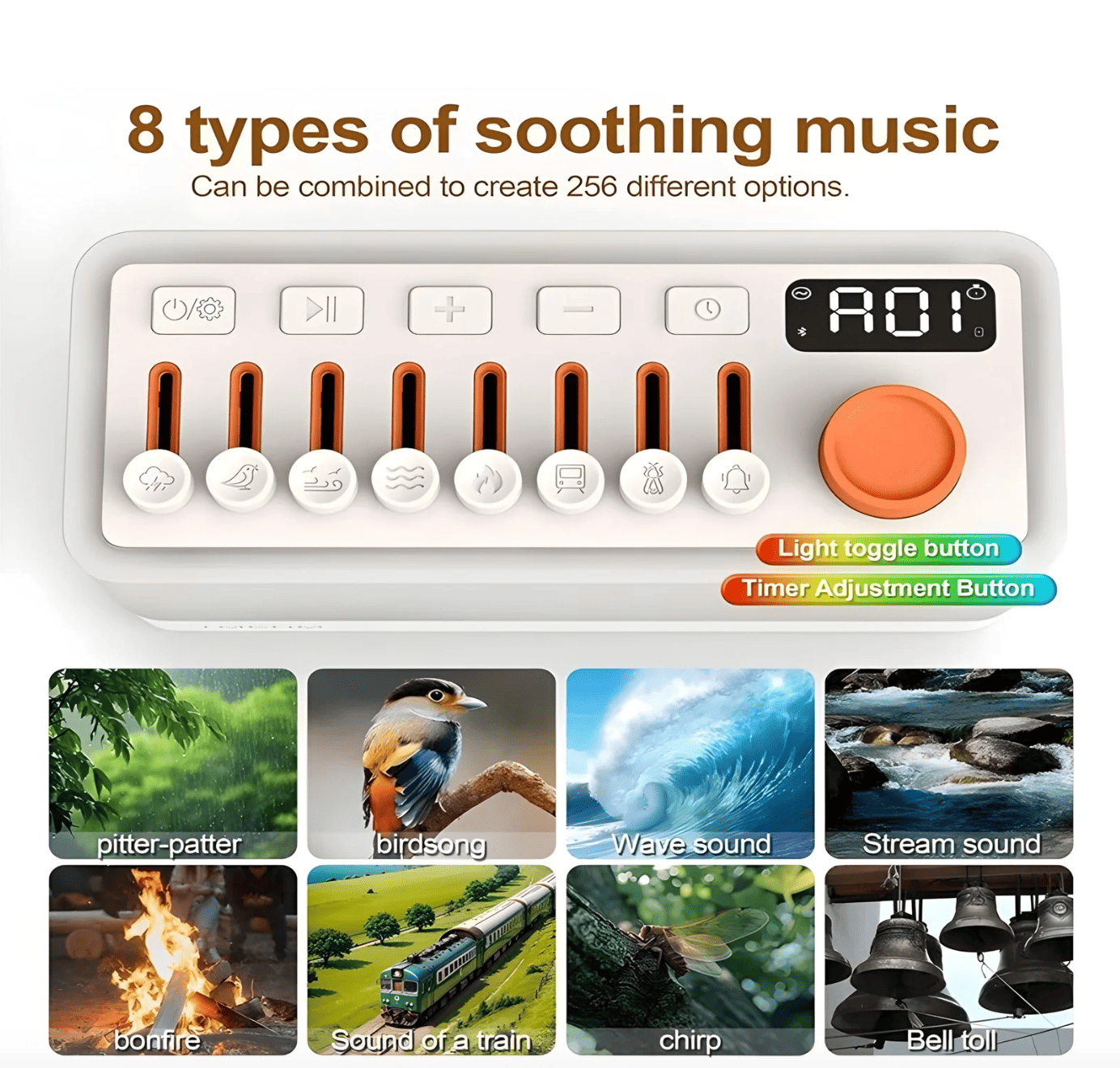 GlowNest™ combines 8 relaxing nature sounds