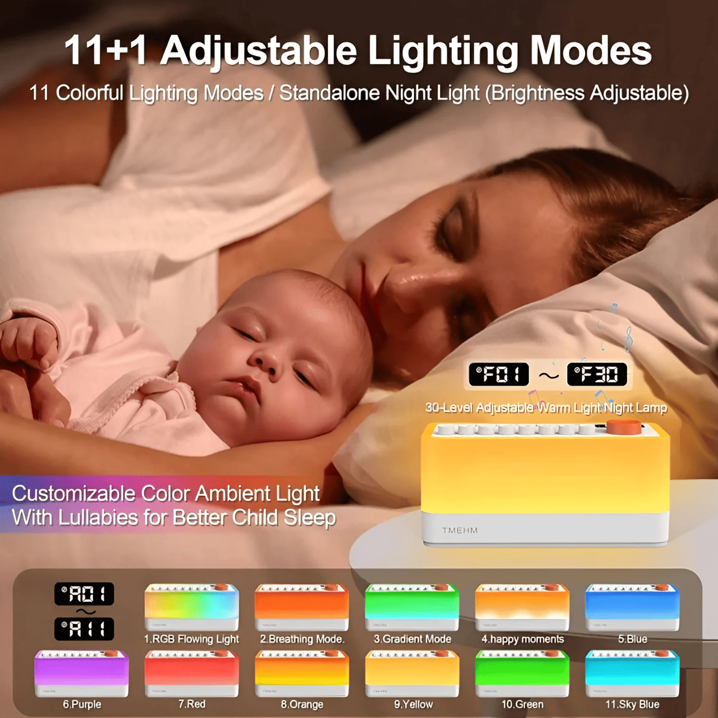 GlowNest™  11 ambient light options, and a smart sleep timer