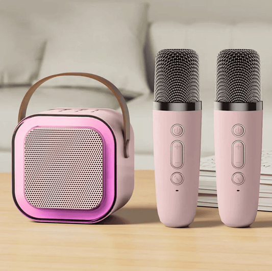 Mini Bluetooth Karaoke Machine with Two Microphones on White Background