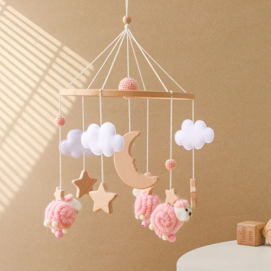 Crochet sheep and moon baby mobile