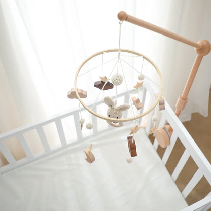 Pastel baby mobile with crochet bunny and wooden frame